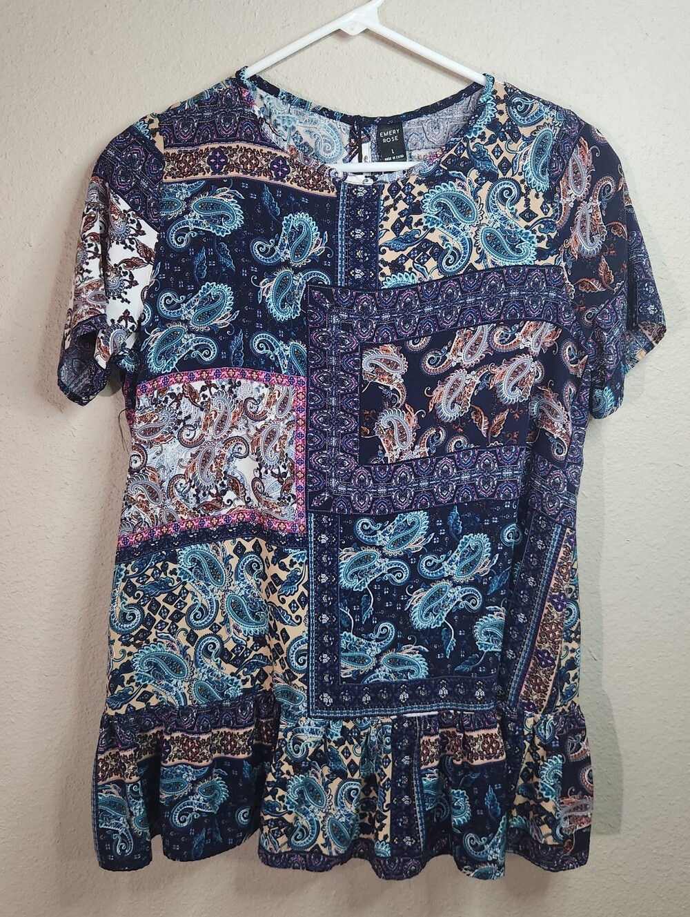 Emery Rose Size Large Blue Patchwork Short Sleeve Top